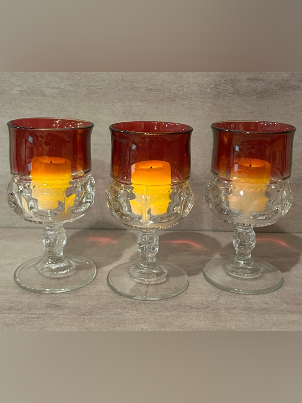 Set of 3 Vintage Tiffin-Franciscan Kings Crown Cranberry Flash Thumbprint Goblet